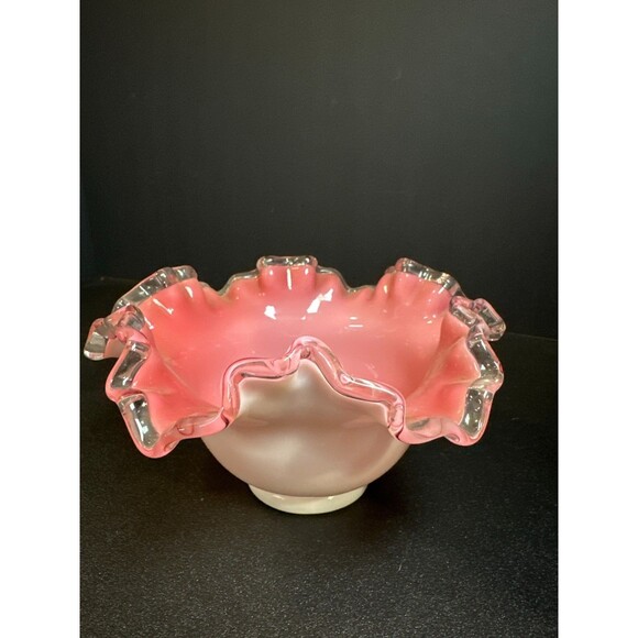 Vintage Pink Opalescent Ruffled Edge Art Glass Bowl Vase 6.75" x 3.5" - Picture 5 of 8